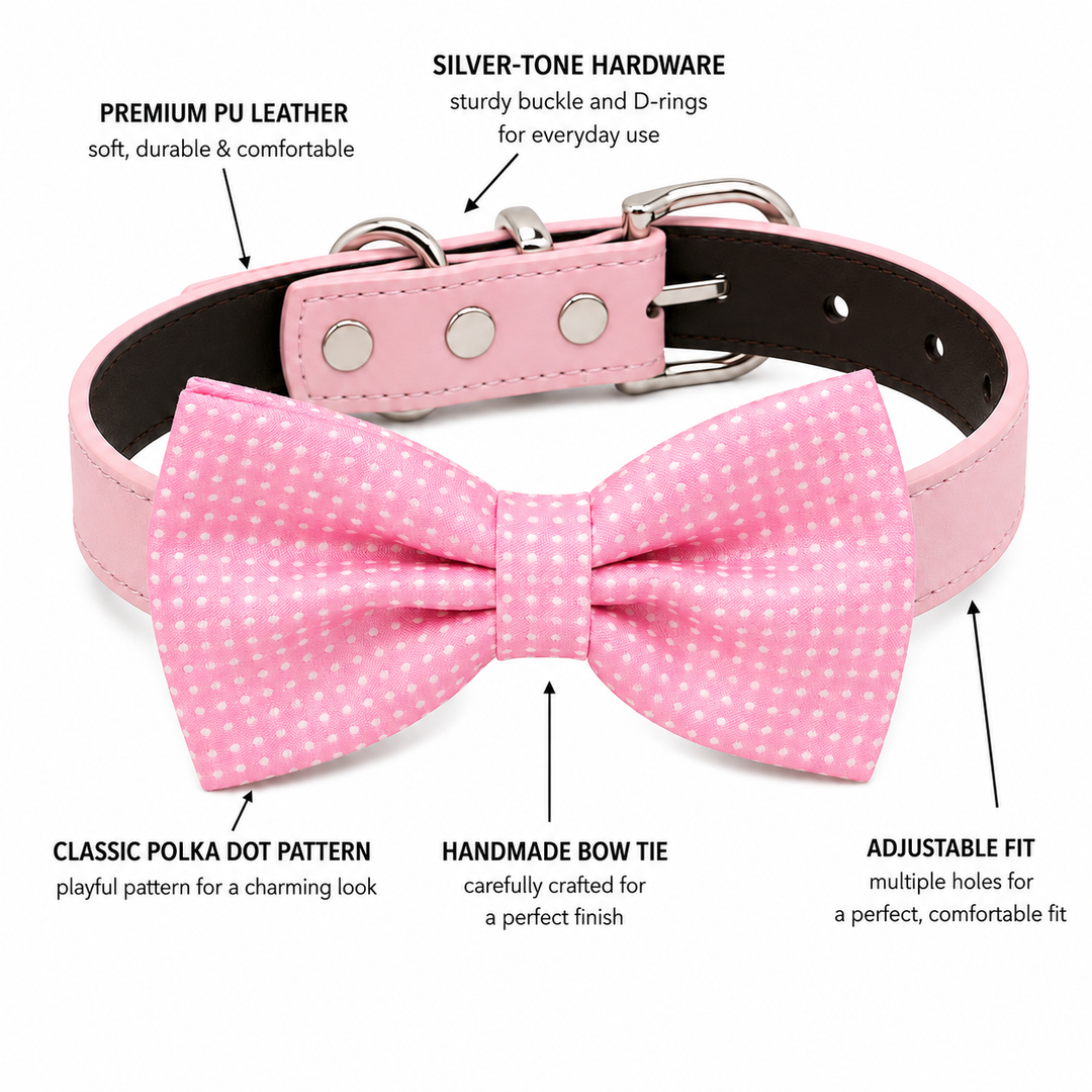 Dog bow tie collar feature guide showing micro polka dot pattern, vegan leather collar, silver-tone hardware, and adjustable fit