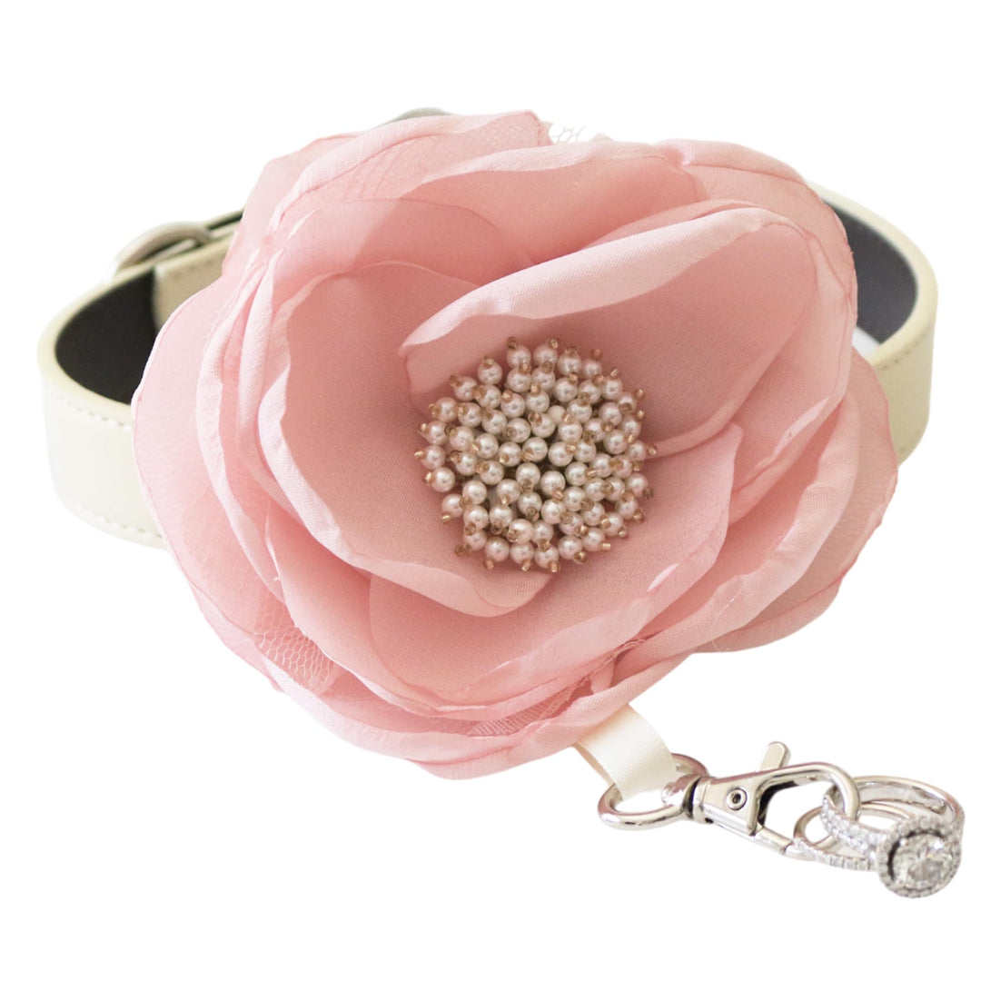Handmade soft pink floral dog collar featuring a large fabric flower, pearl bead center, and elegant wedding styling