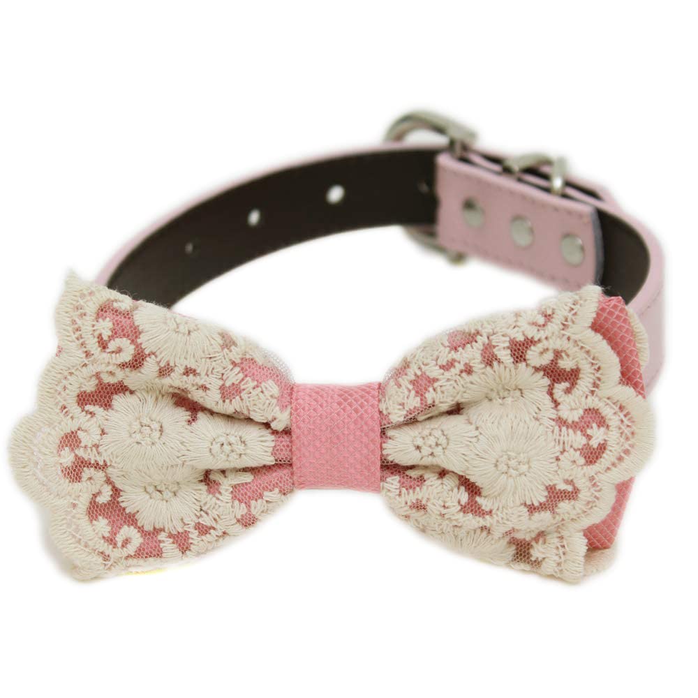 Soft pink floral lace ring bearer dog bow tie collar with attached wedding ring holder ribbon and premium vegan leather collar