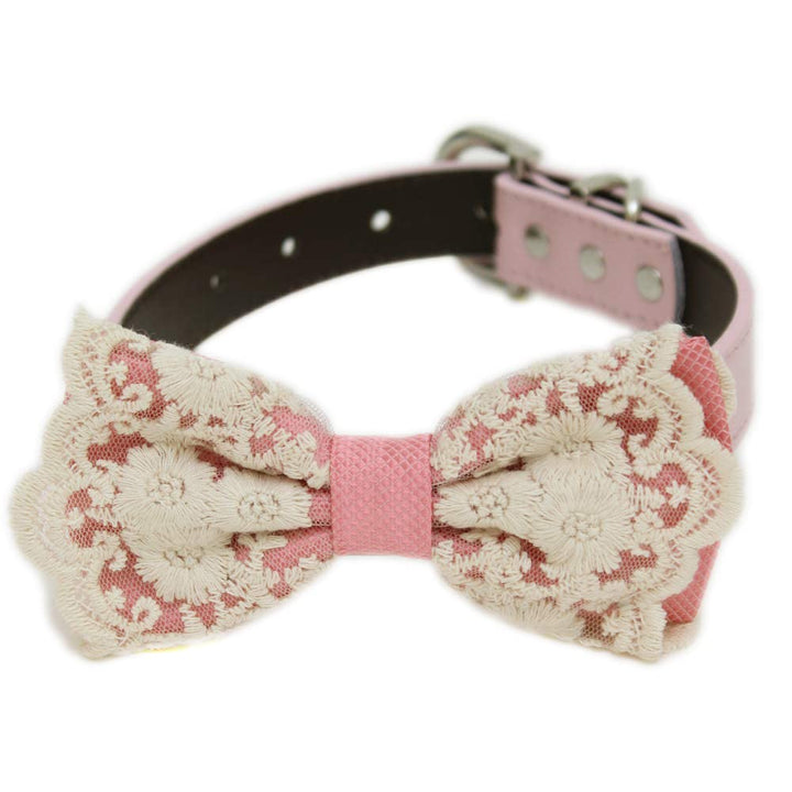 Soft pink floral lace ring bearer dog bow tie collar with attached wedding ring holder ribbon and premium vegan leather collar