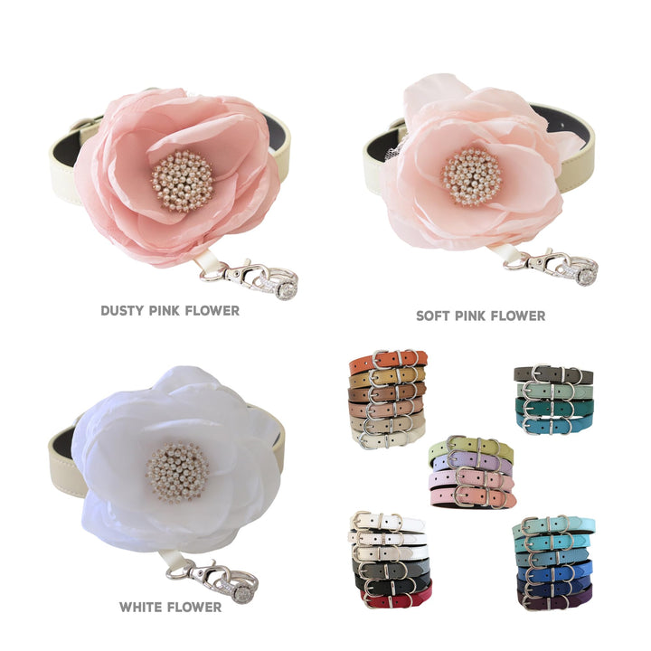 Soft pink single flower dog collar with pearl center detail and decorative ring holder ribbon for wedding ceremonies