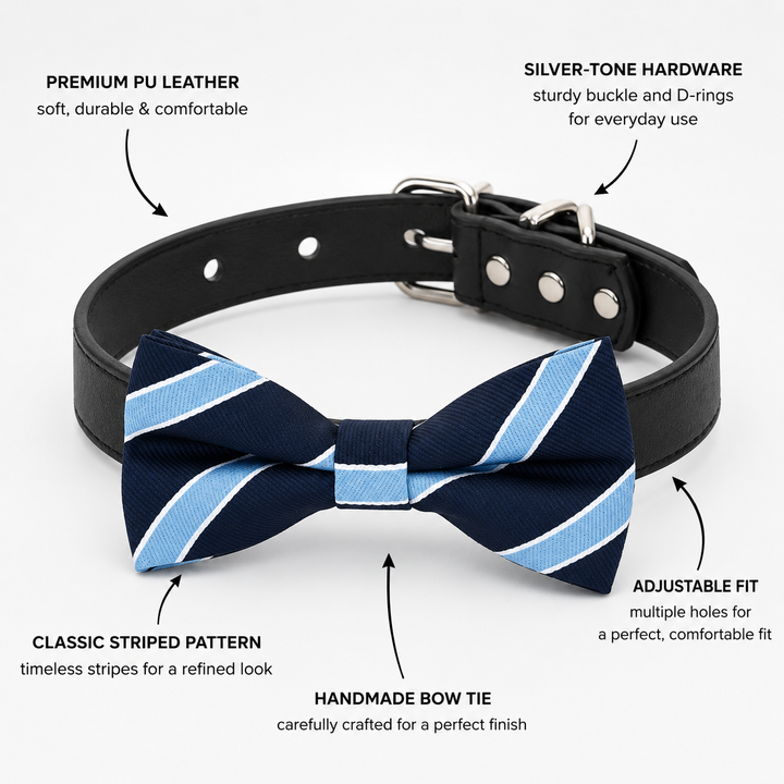 Dog bow tie collar feature guide showing navy blue striped bow tie, vegan leather collar, silver-tone hardware, adjustable fit, and handmade craftsmanship