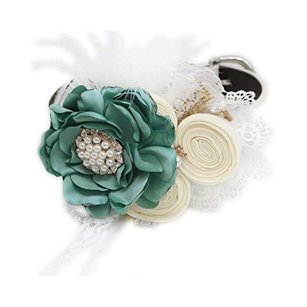 Teal and ivory ring bearer dog collar featuring handcrafted flowers, pearl and rhinestone accents, lace trim, and decorative feather details.