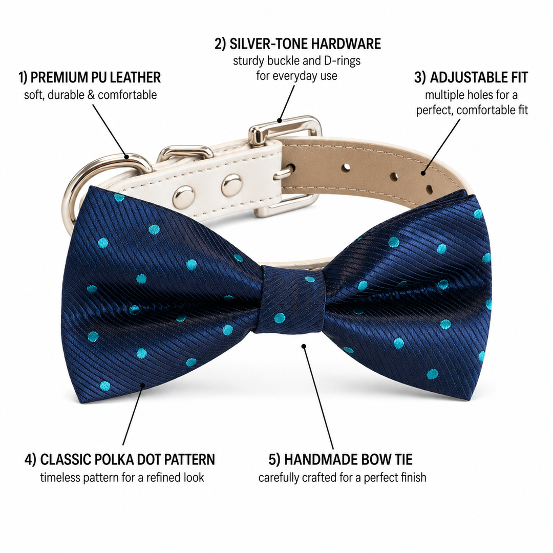 Dog bow tie collar feature guide showing navy blue polka dot bow tie, ivory vegan leather collar, silver-tone hardware, adjustable fit, and handmade craftsmanship