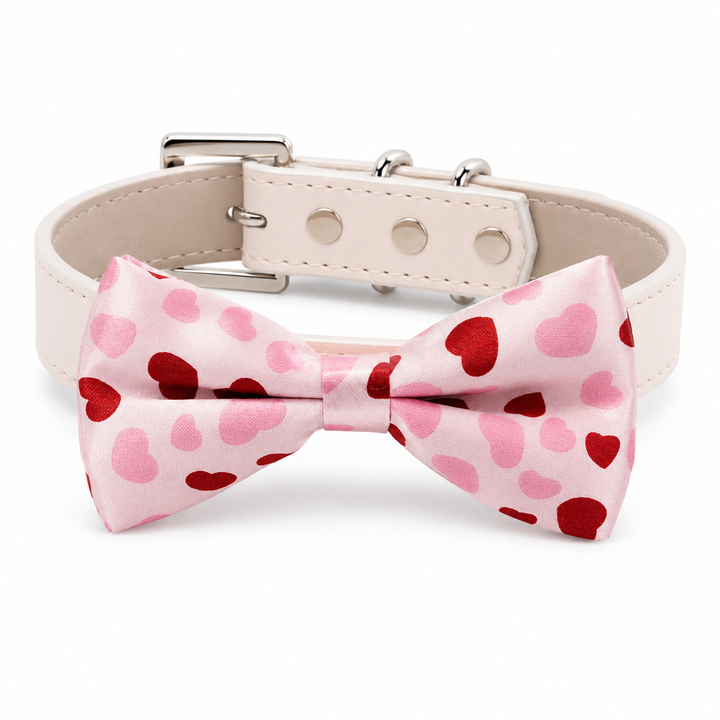 Pink heart pattern dog bow tie collar with blush vegan leather collar and Valentine's inspired design