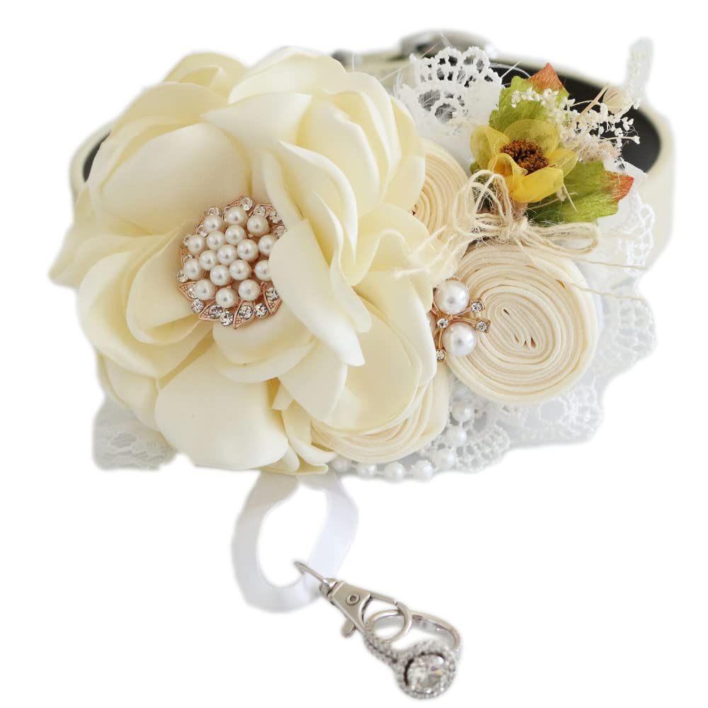 Vintage ivory wedding dog collar featuring handcrafted fabric flowers, rustic floral accents, lace trim, pearl embellishments, and detachable ring bearer clasp.