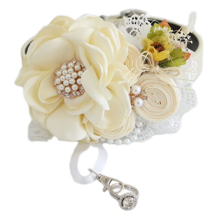 Vintage ivory wedding dog collar featuring handcrafted fabric flowers, rustic floral accents, lace trim, pearl embellishments, and detachable ring bearer clasp.