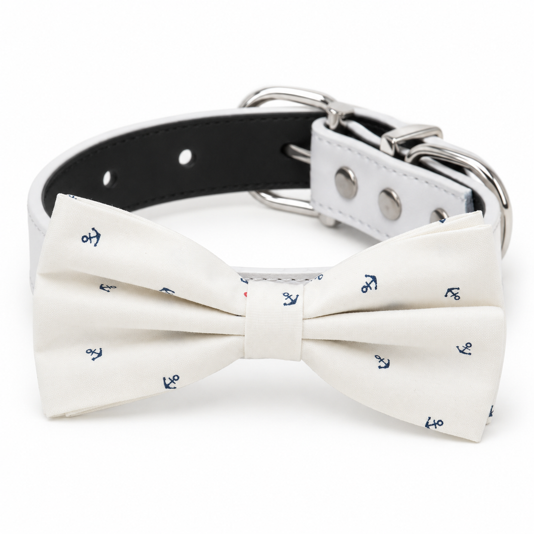 White dog bow tie collar with navy anchor print, white vegan leather collar, and silver-tone hardware