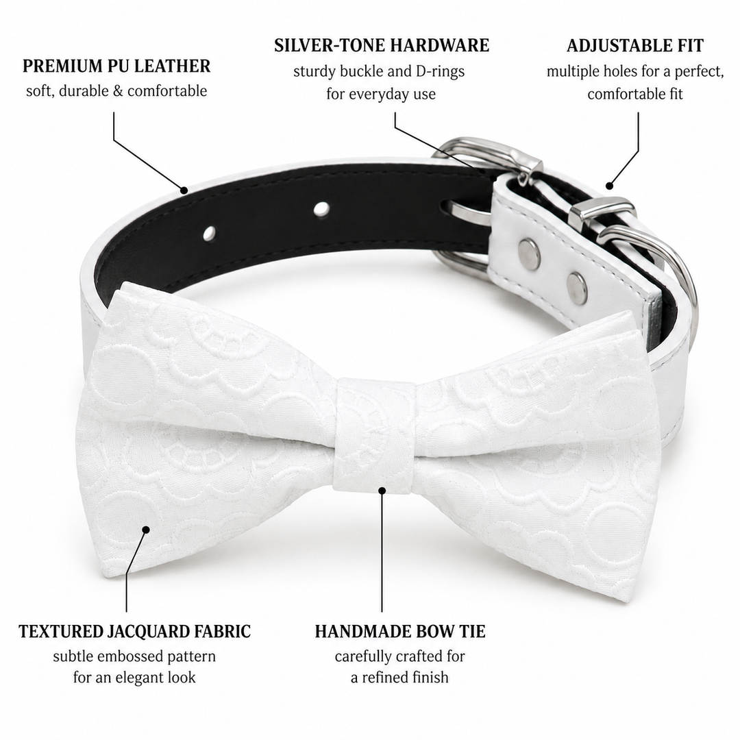 Dog bow tie collar feature guide showing textured jacquard fabric, adjustable vegan leather collar, silver hardware, and handmade craftsmanship