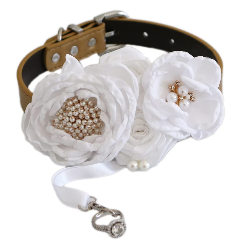 White floral wedding dog collar with pearl embellished flowers, handmade rose details, vegan leather collar, and optional ring bearer clasp