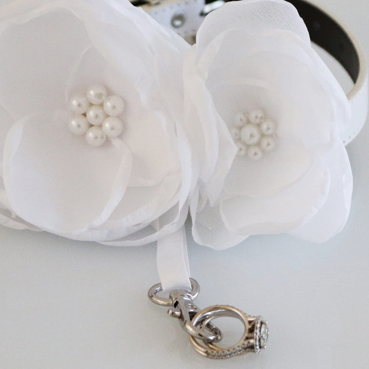 White floral ring bearer dog collar with pearl center flowers, handmade fabric blooms, and removable ring holder ribbon