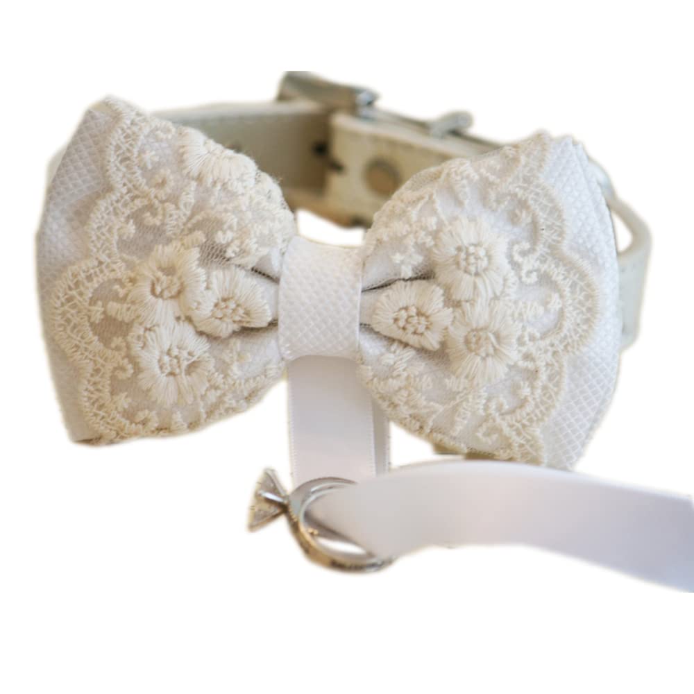 White ring bearer dog bow tie collar with floral lace embroidery, attached wedding ring holder ribbon, and adjustable vegan leather collar for weddings and formal ceremonies