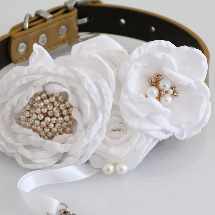White floral ring bearer dog collar with pearl flower accents, handmade fabric flowers, and removable ring holder ribbon