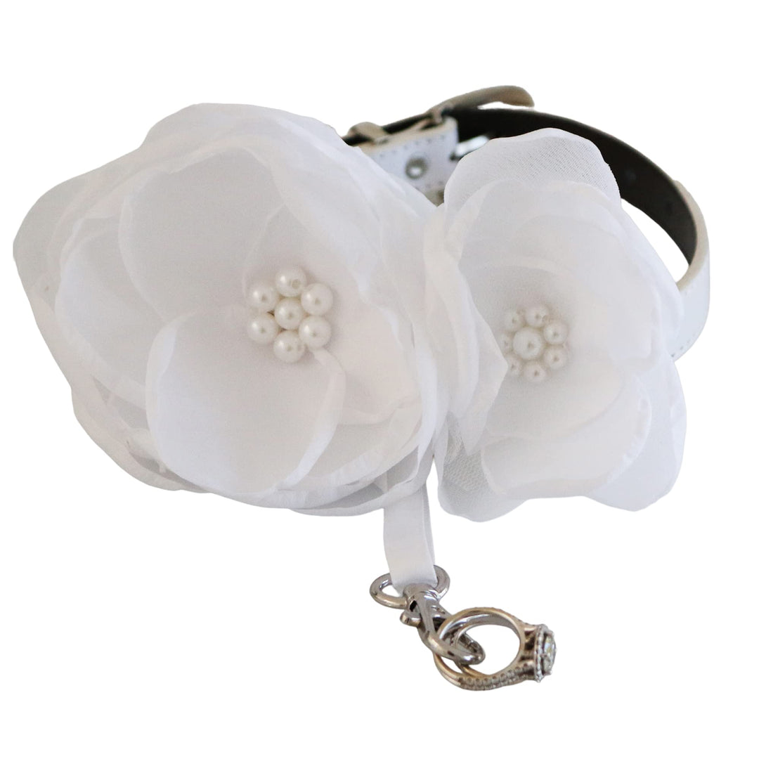 White wedding dog collar featuring handmade floral arrangement, pearl accents, vegan leather collar, and optional ring bearer clasp for ceremonies and photoshoots