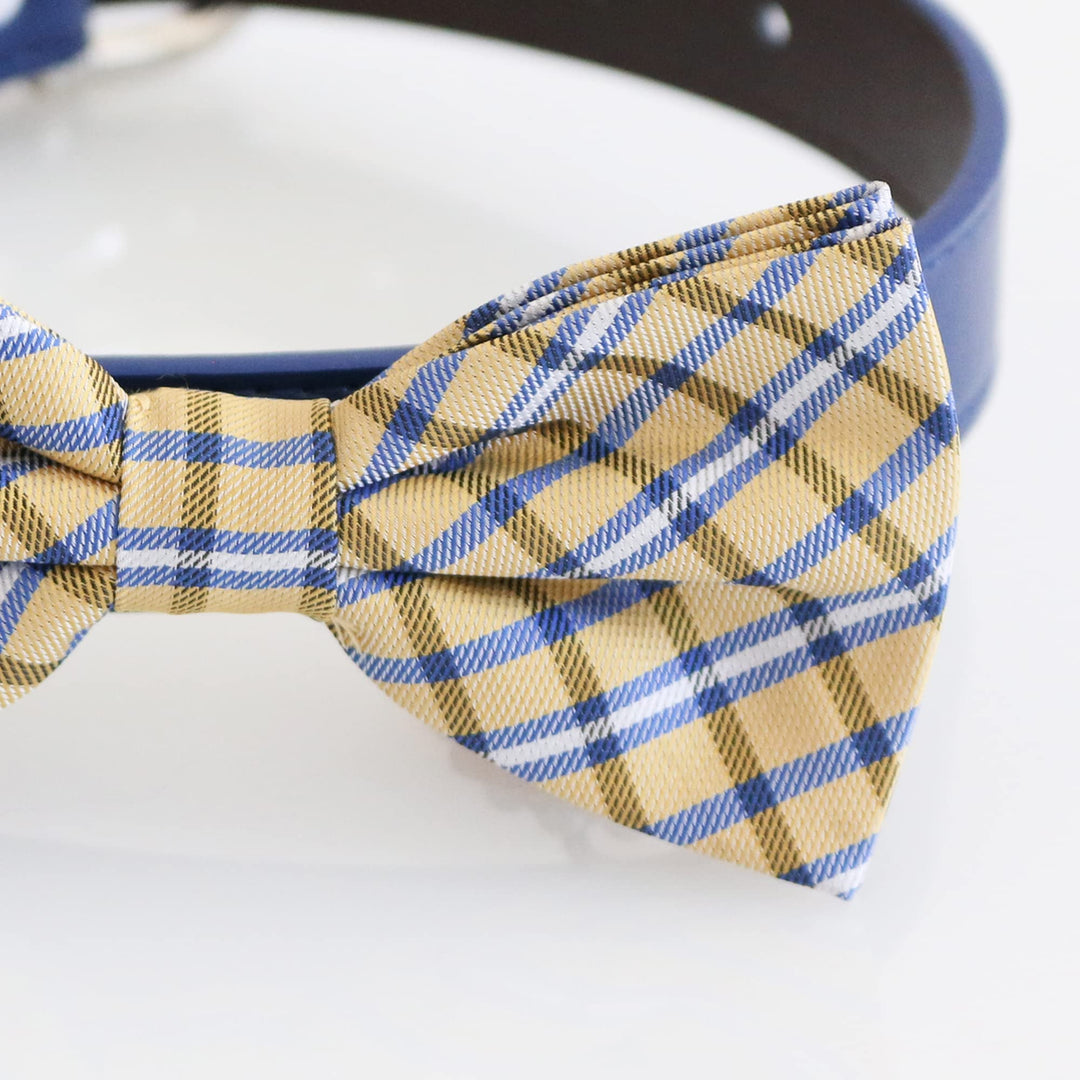 Close-up of yellow and blue plaid ring bearer dog bow tie featuring classic tartan pattern and wedding ring holder ribbon