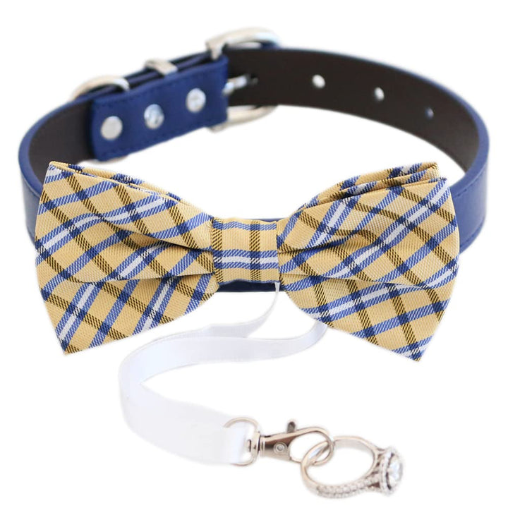 Yellow and blue plaid ring bearer dog bow tie collar with blue vegan leather collar and wedding ring holder ribbon