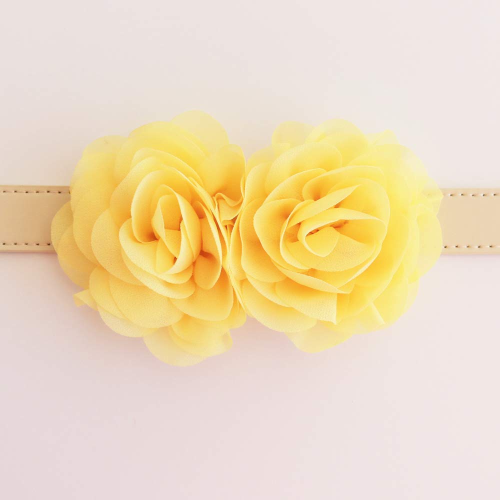 Yellow double rose floral dog collar with soft fabric flowers attached to a cream vegan leather collar