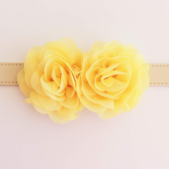Yellow double rose floral dog collar with soft fabric flowers attached to a cream vegan leather collar