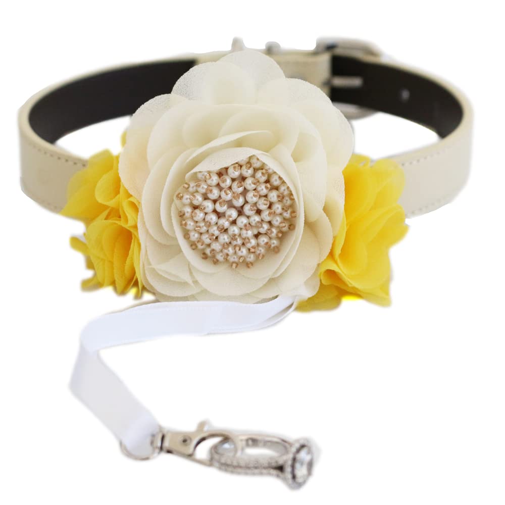 Wedding dog collar featuring an ivory flower centerpiece, yellow chiffon side flowers, pearl embellishments, and ring bearer ribbon.