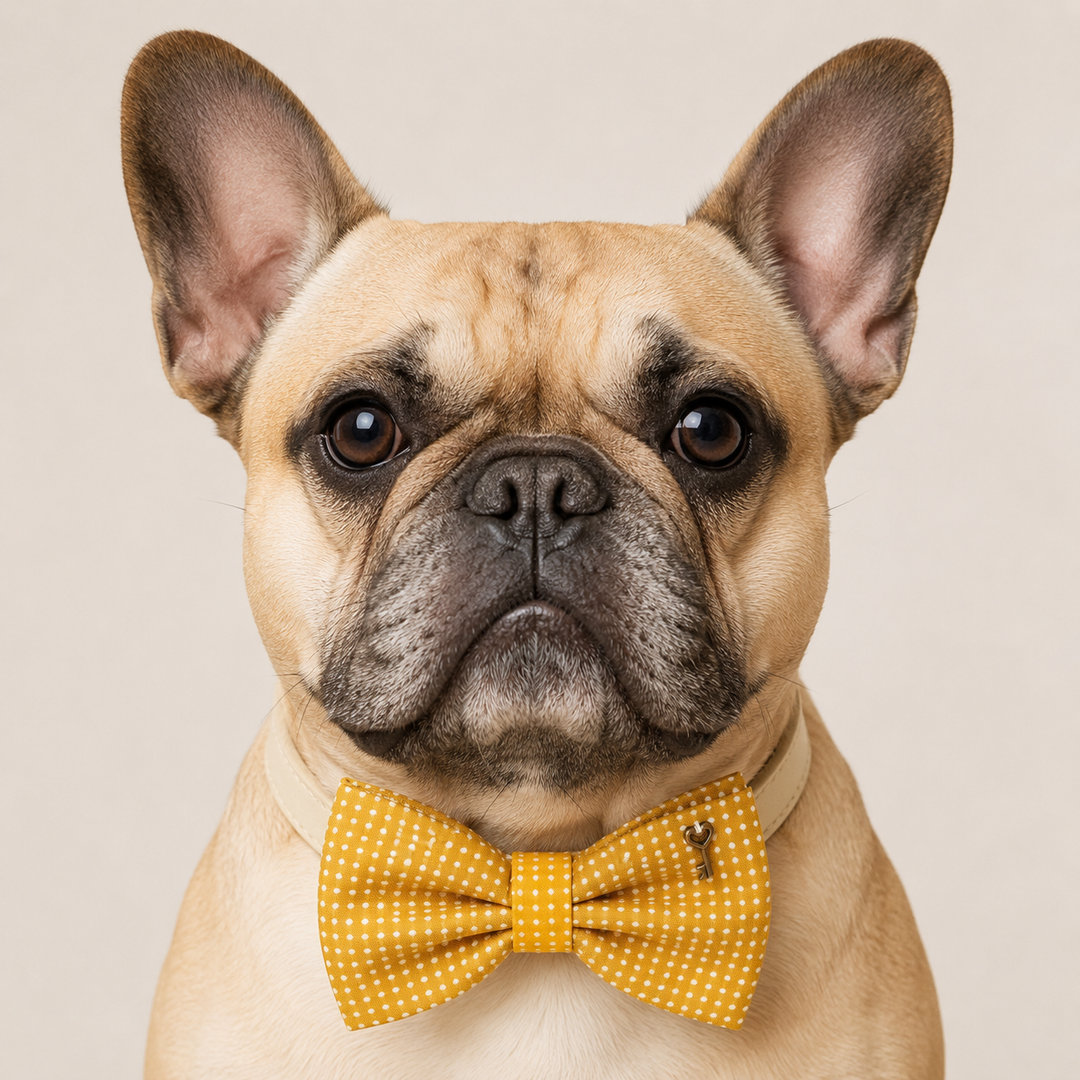 French Bulldog wearing a yellow mustard polka dot dog bow tie collar with decorative key charm and cream vegan leather collar