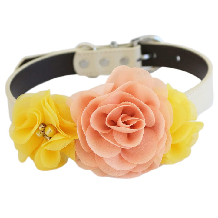 Handmade yellow and peach floral dog collar featuring layered fabric flowers, pearl accents, crystal details, and vegan leather collar