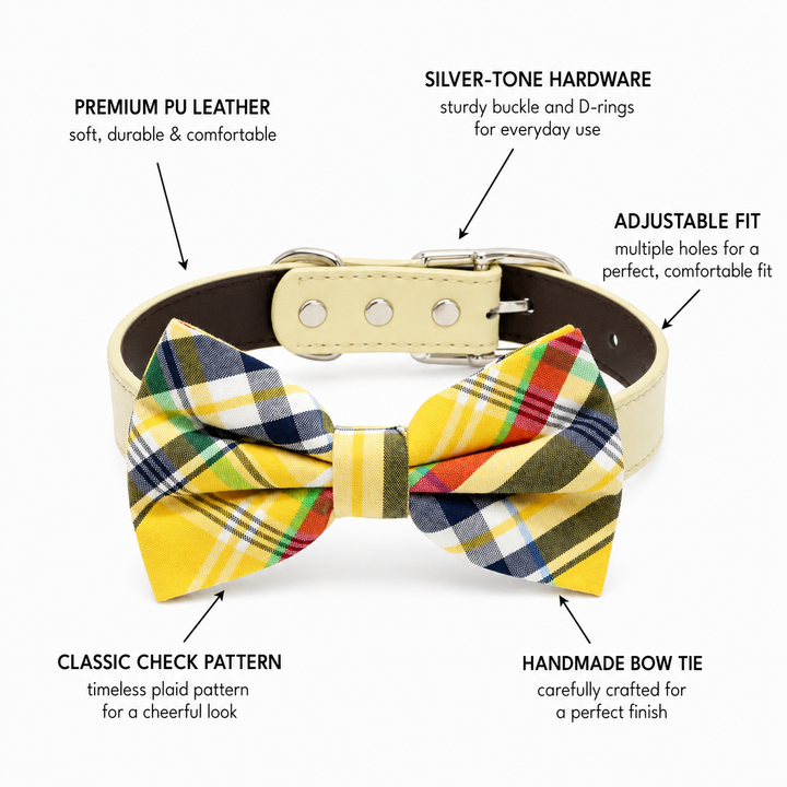 Yellow plaid dog bow tie collar feature guide showing vegan leather collar, classic check pattern, adjustable fit, and handmade bow tie
