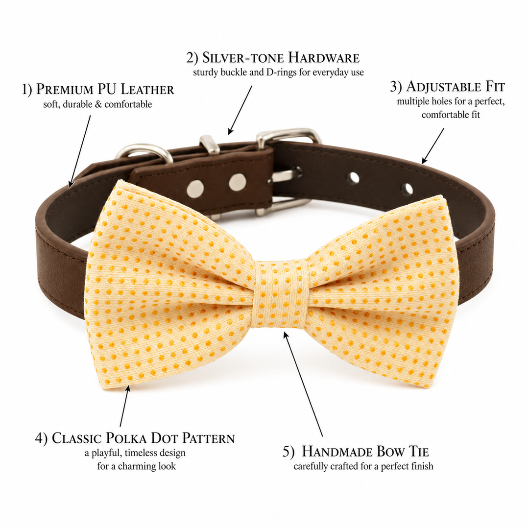 Yellow polka dot dog bow tie collar feature guide showing vegan leather collar, silver-tone hardware, adjustable fit, and handmade bow tie