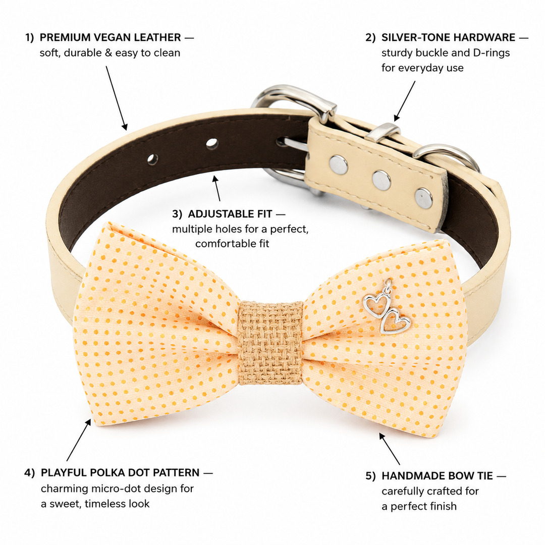 Feature guide showing yellow polka dot dog bow tie collar with heart charm, vegan leather collar, silver-tone hardware, adjustable fit, and handmade craftsmanship
