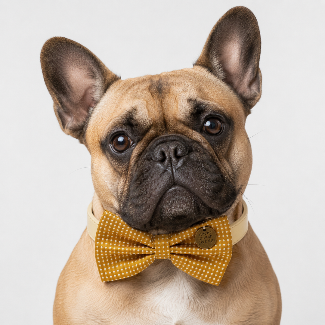 French Bulldog wearing a yellow polka dot dog bow tie collar with never give up charm and cream vegan leather collar