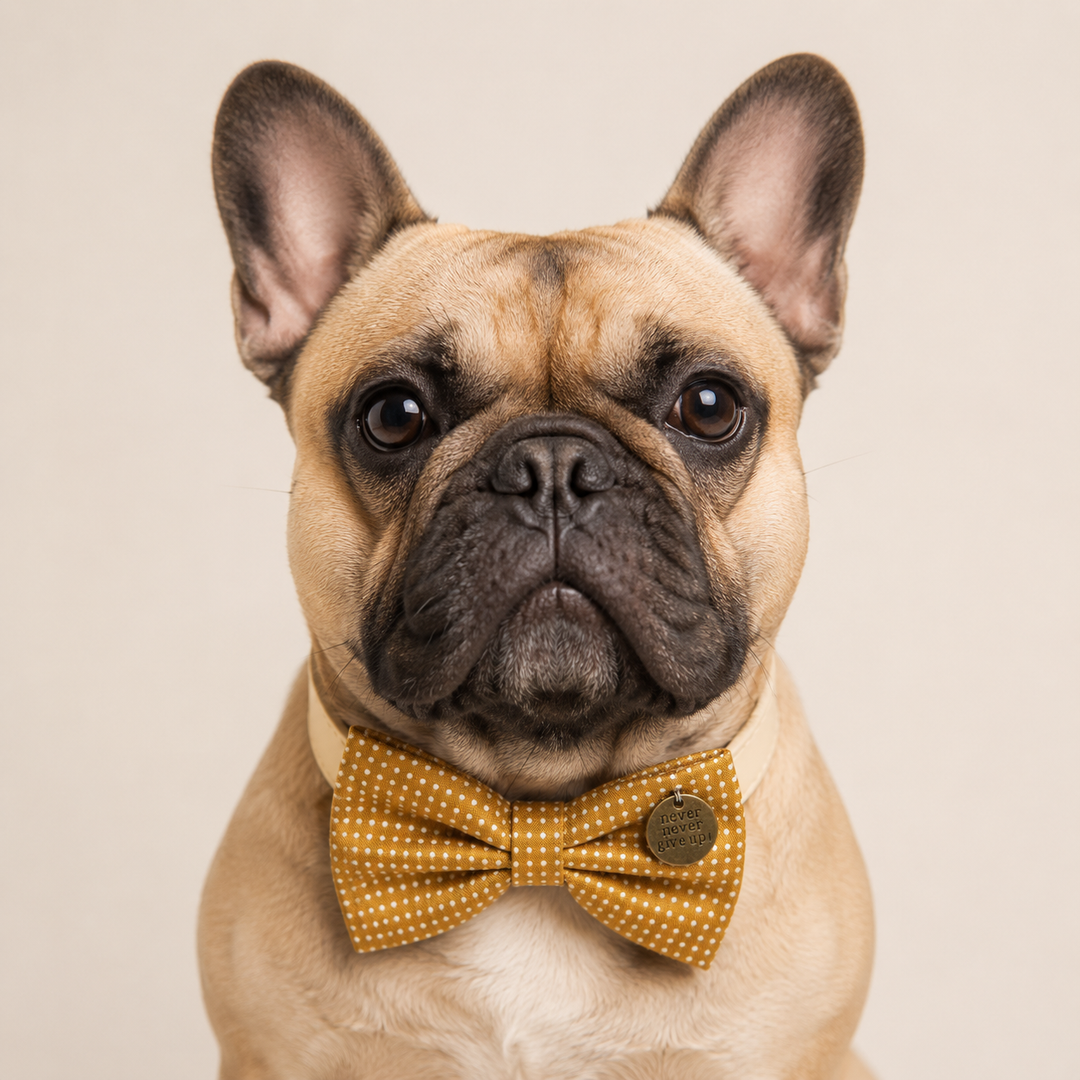 French Bulldog wearing a yellow polka dot dog bow tie collar with never give up charm and cream vegan leather collar