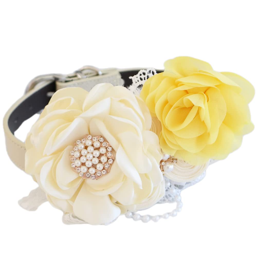 Wedding dog collar featuring an ivory floral centerpiece, yellow rose accent flower, pearl embellishments, and lace accents.