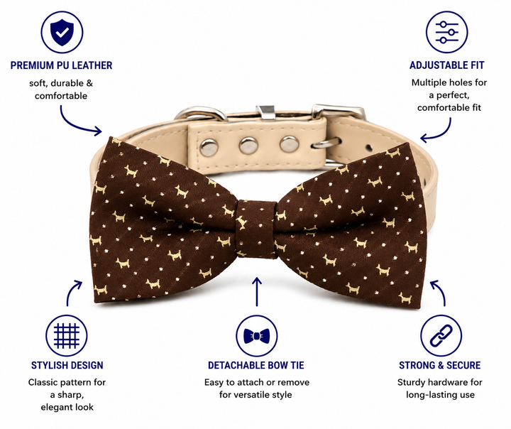 Brown dog bow tie collar featuring adjustable fit detachable bow tie and durable hardware