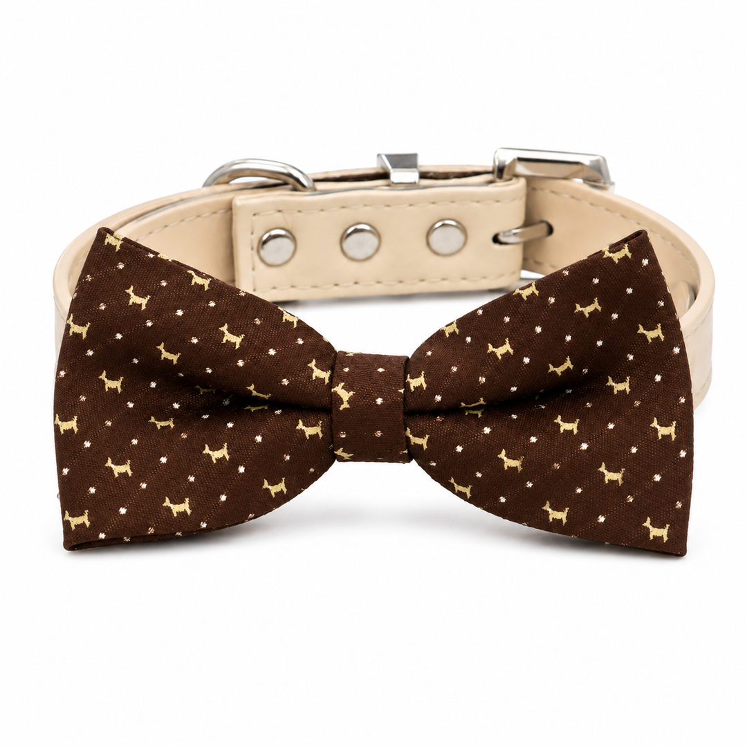 Brown dog bow tie collar with cream vegan leather collar and silver hardware