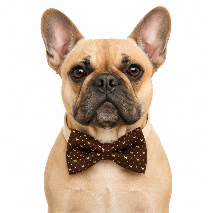 French Bulldog wearing brown patterned dog bow tie collar with cream vegan leather collar