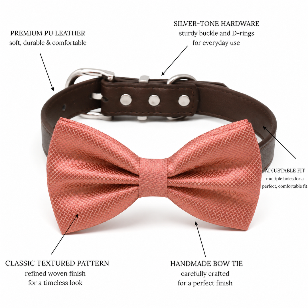 Coral pink dog bow tie collar feature guide showing textured bow tie, vegan leather collar, and adjustable fit