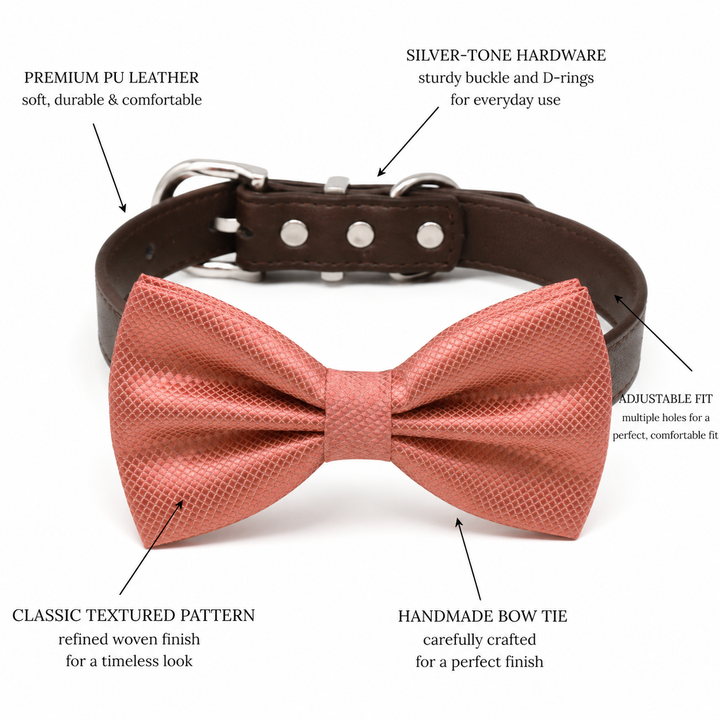 Coral pink dog bow tie collar feature guide showing textured bow tie, vegan leather collar, and adjustable fit