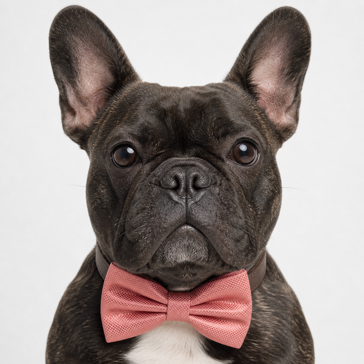 French Bulldog wearing a coral pink textured bow tie collar with dark brown vegan leather strap on a white background