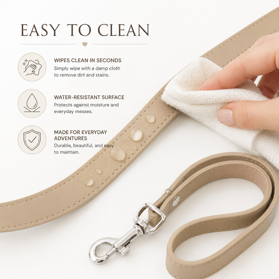 Easy to clean vegan leather dog leash, simply wipe clean