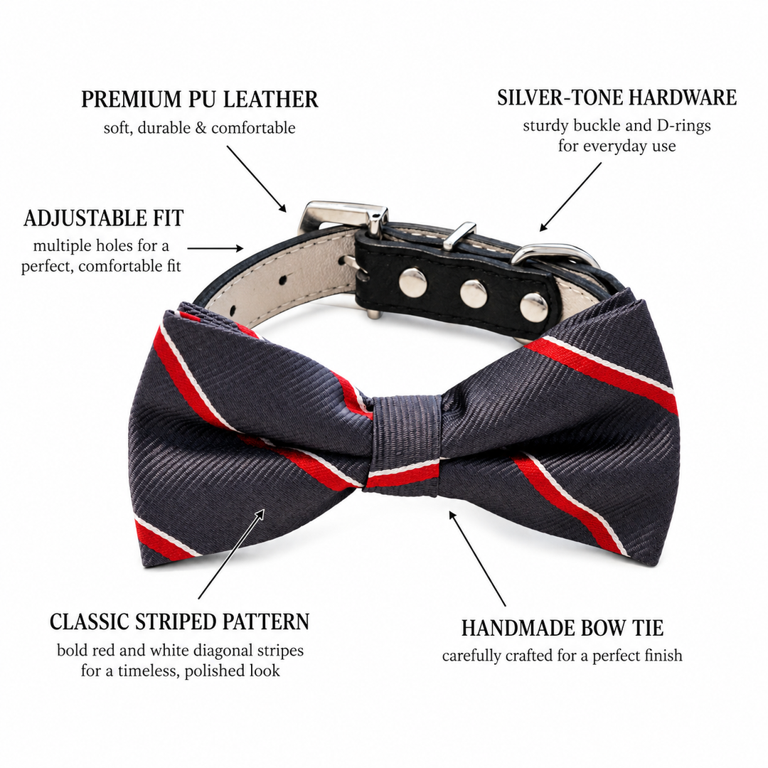 Navy striped dog bow tie collar highlighting vegan leather construction, adjustable fit, silver-tone hardware, and handmade craftsmanship.