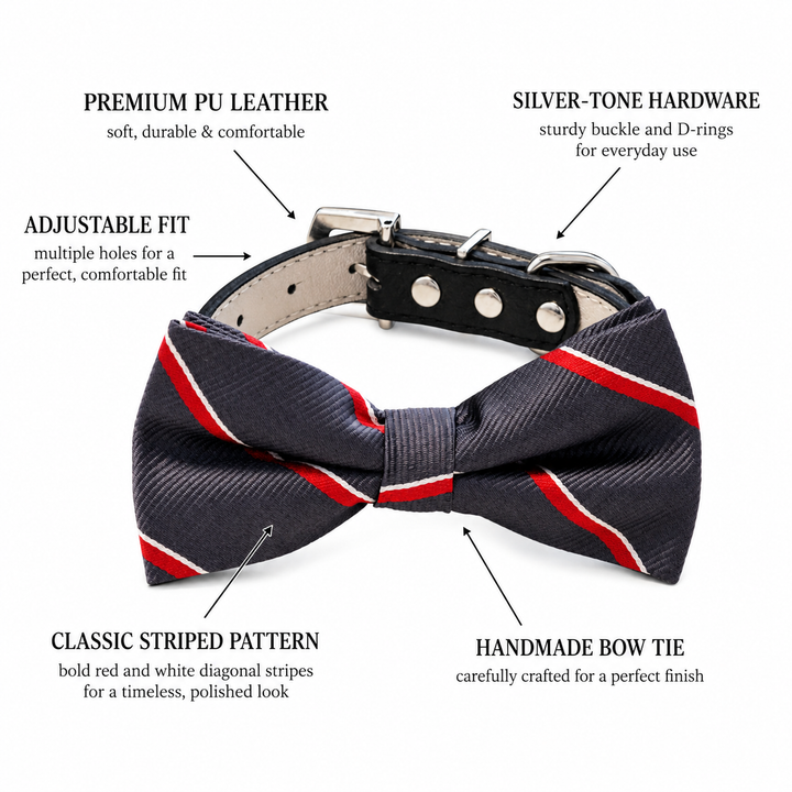 Navy striped dog bow tie collar highlighting vegan leather construction, adjustable fit, silver-tone hardware, and handmade craftsmanship.