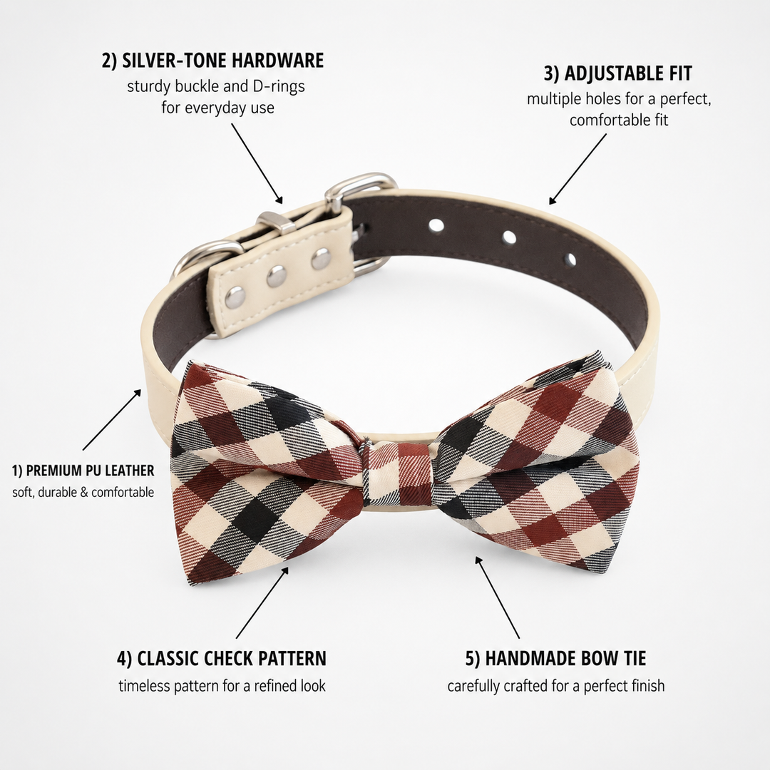 Plaid bow tie dog collar showing vegan leather collar, silver hardware, adjustable fit and handmade bow tie