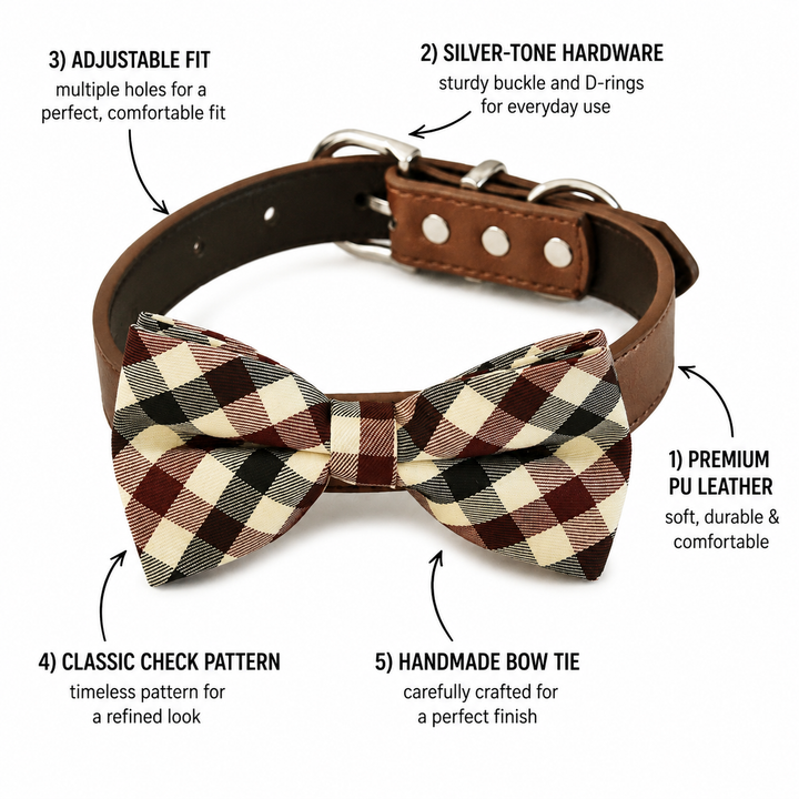 Feature guide highlighting premium vegan leather, silver-tone hardware, adjustable fit, classic plaid pattern, and handmade dog bow tie craftsmanship.