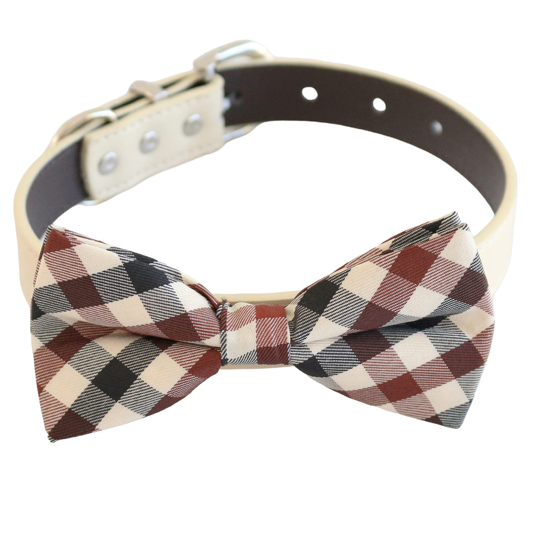 Ivory dog collar with classic plaid bow tie and silver hardware
