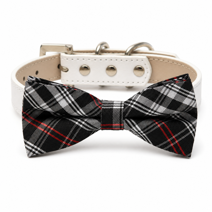 Black, White & Red Dog Bow Tie Collar with Adjustable Vegan Leather Collar for Dogs & Puppies