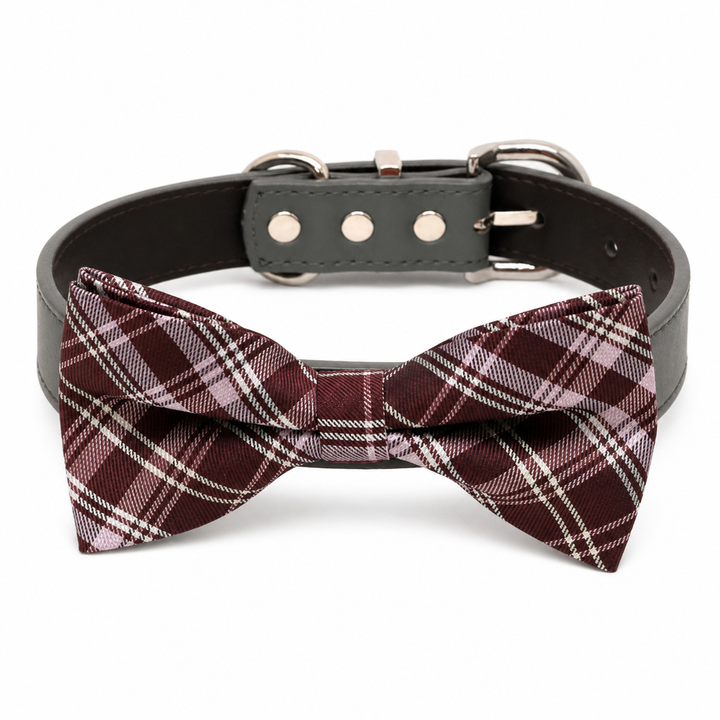 Burgundy Plaid Dog Bow Tie Collar with Adjustable Vegan Leather Collar for Dogs & Puppies