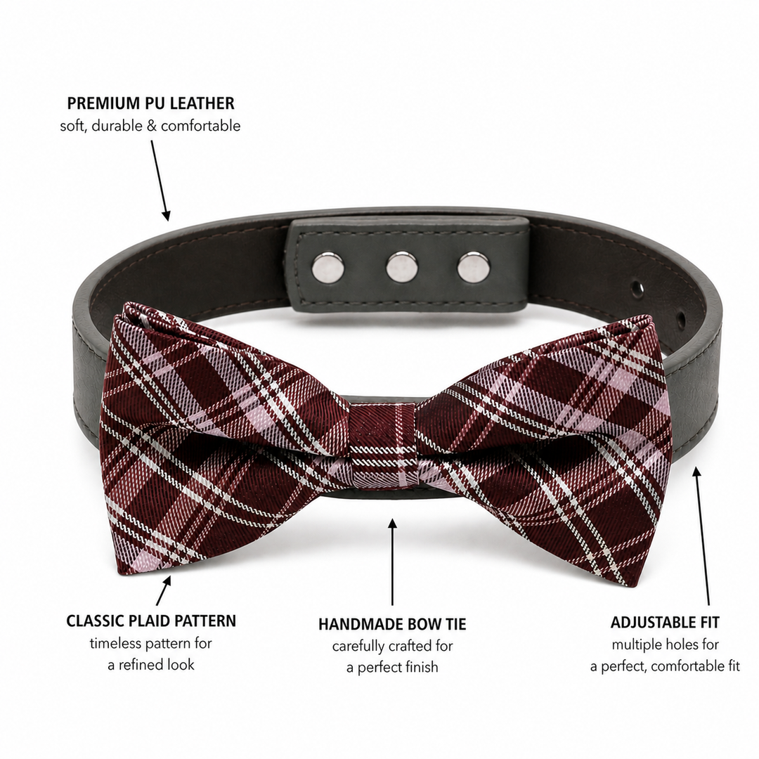 Burgundy Plaid Dog Bow Tie Collar with Adjustable Vegan Leather Collar for Dogs & Puppies