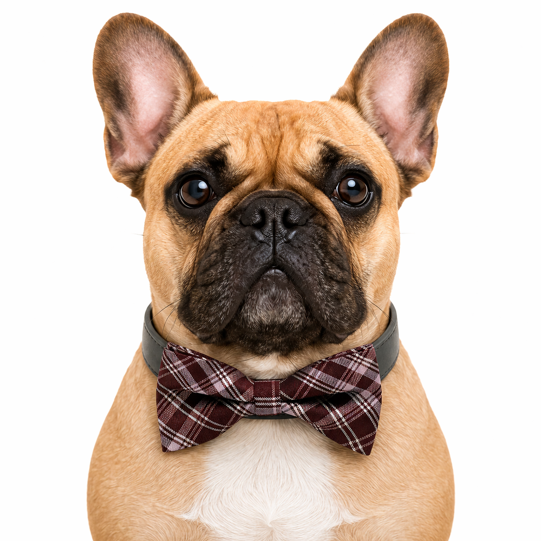 Burgundy Plaid Dog Bow Tie Collar with Adjustable Vegan Leather Collar for Dogs & Puppies