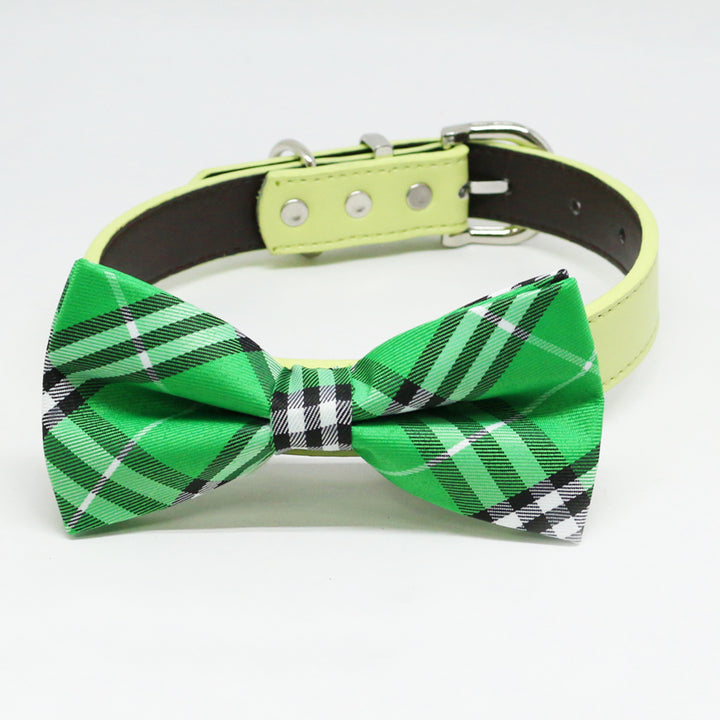 Green Plaid Dog Bow Tie Collar with Adjustable Vegan Leather Collar for Dogs & Puppies