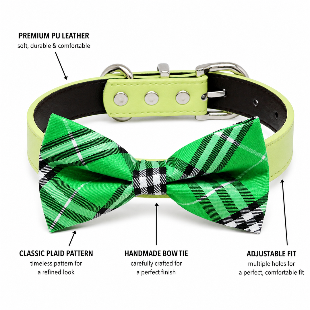 Green Plaid Dog Bow Tie Collar with Adjustable Vegan Leather Collar for Dogs & Puppies