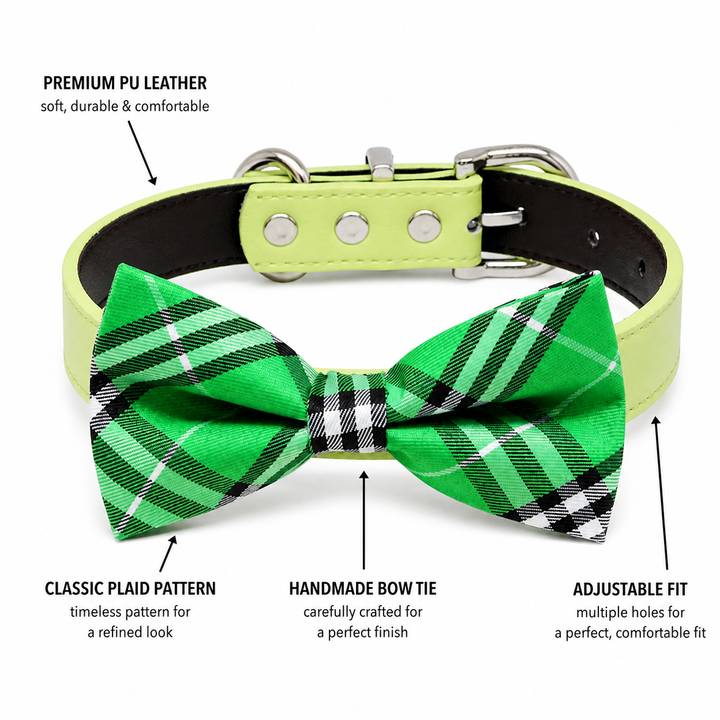 Green Plaid Dog Bow Tie Collar with Adjustable Vegan Leather Collar for Dogs & Puppies